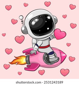 Cute Cartoon astronaut flying on a pink rocket