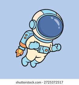 Cute cartoon astronaut flying in outer space with jetpack, illustrated in a flat and kawaii style with soft pastel colors. This vector illustration is perfect for space themes, science, education, children content, stickers, merchandise, posters, t-shirt designs, apps, and digital illustrations. High-quality EPS vector, fully editable and scalable without loss of quality