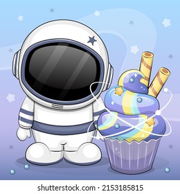 Cute cartoon astronaut with galaxy cupcake. Funny vector illustration on a blue background with stars.