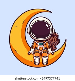 Cute cartoon astronaut girl sitting on the crescent moon