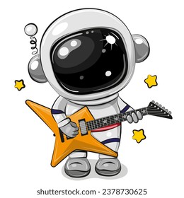 Cute cartoon astronaut with guitar isolated on a white background