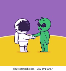 Cute cartoon of astronaut handshake with alien. Vector illustration of astronaut and alien meet. Science and technology concept.