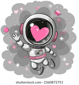 Astronauta de dibujos animados con el corazón volando sobre un fondo de espacio gris