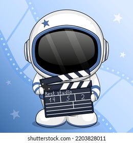 Cute cartoon astronaut holding clapperboard. Cinema vector illustration on a blue background with filmstrip.