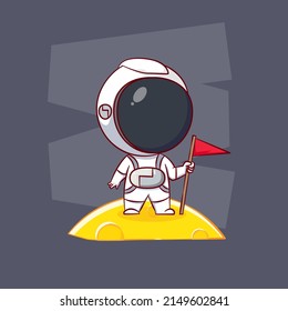 Cute cartoon of Astronaut holding flag on the moon. Hand drawn chibi character isolated background