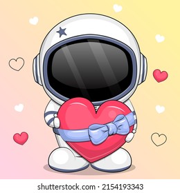 Cute cartoon astronaut holding a heart with a blue bow. Vector illustration of love on a colorful background with hearts.