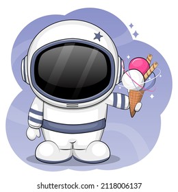 Cute cartoon astronaut holding space ice cream. Vector illustration on a purple background.