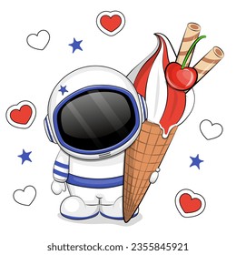 Cute cartoon astronaut holds a big ice cream. Summer vector illustration on white background with red hearts and blue stars. 