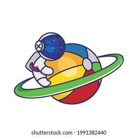 Cute cartoon astronaut hugging a colorful planet beach ball with a ring as a symbol of summer holidays space. Food and Drink Cartoon Flat Style Icon illustration Premium Vector Logo