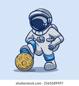 Cute Cartoon Astronaut Illustration with a Moon Ball