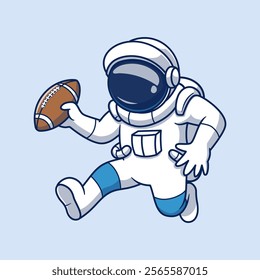 Cute Cartoon Astronaut Illustration Playing Rugby
