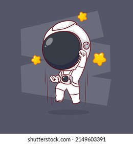 Cute cartoon of Astronaut jumping with stars around. Hand drawn chibi character isolated background