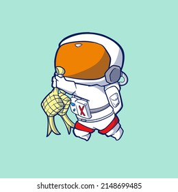 cute cartoon astronaut with ketupat in front of it