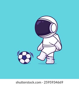 Cute cartoon of astronaut kicking a ball. Vector illustration of sport astronaut playing football, soccer. Science, hobby and technology concept.