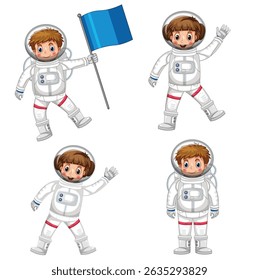 Cute Cartoon Astronaut Kids with Blue Flag in Space