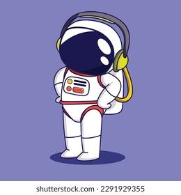 Cute Cartoon Astronaut listening music with Headphone. Astronaut character in space suit. Vector illustration