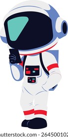 Cute cartoon astronaut looking at or holding a mobile phone, standing casually in spacesuit, perfect for space communication themes and designs.