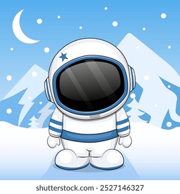 A cute cartoon astronaut in the mountains at night. Winter vector illustration on a blue background snow.