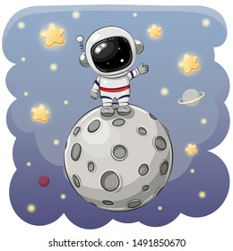 Cute Cartoon Astronaut On The Moon On A Space Background