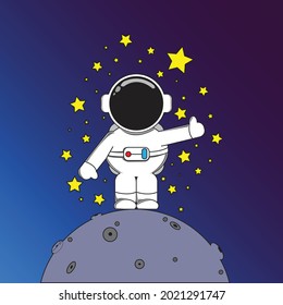 Cute Cartoon astronaut on the moon on a space background, vektor illustration