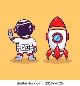 Cute Cartoon Astronaut on the moon with rocket vector illustration