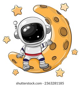 Cute Cartoon astronaut on the moon on a white background