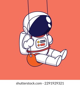 Astronauta de dibujos animados sobre un columpio de cuerda. Personaje de dibujos animados. Ilustración del vector