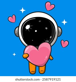 Cute Cartoon astronaut in orange spacesuit  with heart on a blue background