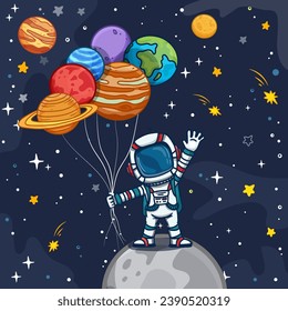 Cute cartoon astronaut with planets. Planet balloons. Stars and planets in the universe. Flat cartoon style, doodle. Vector illustration.