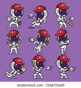 cute cartoon astronaut playing baseball. collection set