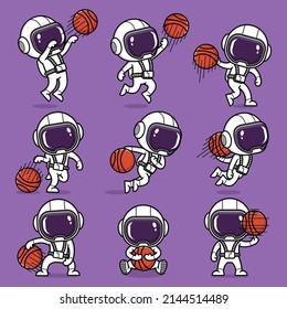 cute cartoon astronaut playing basketball. collection set
