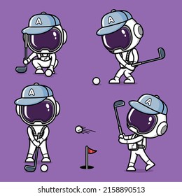 cute cartoon astronaut playing golf set collection