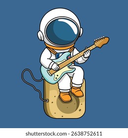 cute cartoon astronaut playing guitar, flat style cartoon, illustration with space concept