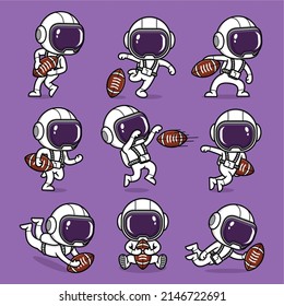 cute cartoon astronaut playing rugby. collection set