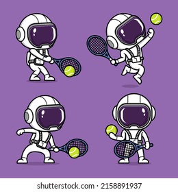 cute cartoon astronaut playing tennis set collection