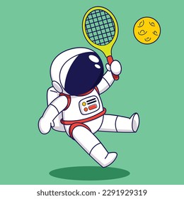 Cute Cartoon Astronaut playing tennis with racket and ball. Vector illustration.