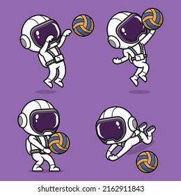 cute cartoon astronaut playing volleyball set collection