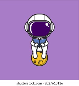 cute cartoon astronaut reading a book on the moon. vector illustration for mascot logo or accessories