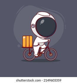 Cute cartoon of Astronaut riding bicycle. Hand drawn chibi character isolated background