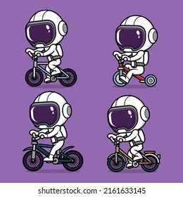 cute cartoon astronaut riding a bicycle set collection