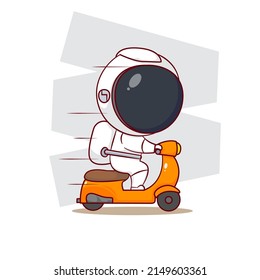 Cute cartoon of Astronaut riding motorbike. Hand drawn chibi character isolated background