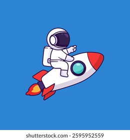 Cute cartoon of astronaut riding a rocket and pointing forward. Vector illustration of joy astronaut in space. Science and technology concept.