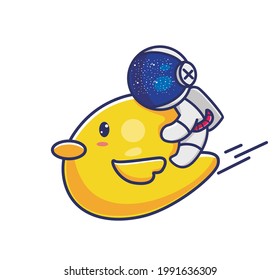 Cute cartoon astronaut riding a yellow duck for travel on another planet and moon.
