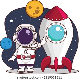 Cute Cartoon Astronaut with Rocket