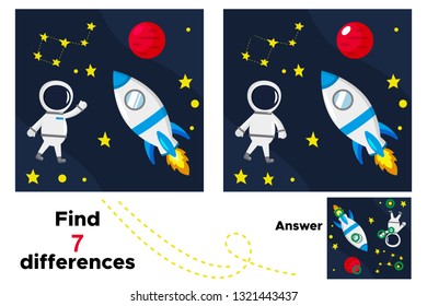 Cute cartoon astronaut, rocket and Mars. Educational game for children. Find 7 differences. Space theme. Vector illustration.