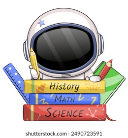 Cute cartoon astronaut with school books, pencils, notebook and  measuring ruler. Vector illustration of a man on a white background.