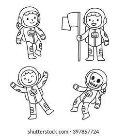 Cute cartoon astronaut set  Cartoon astronaut boy in different poses  floating in space  holding flag   as dead skeleton 