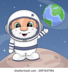 Cute cartoon astronaut shows the Earth. Vector illustration on a blue background.