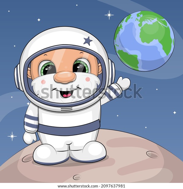 Cute cartoon astronaut shows the Earth.\
Vector illustration on a blue\
background.
