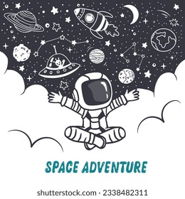 Cute cartoon astronaut sitting on white background. 
Illustration of the moon and stars, ufo and planets. Space elements for your design. Vector 